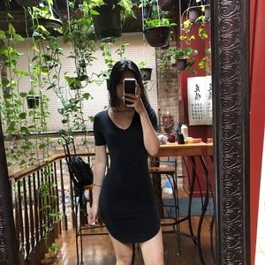 Black V Neck T Shirt Dress Curved Hem